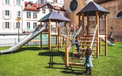 Square de l'Evêché Playground with slide and suspension bridge and children