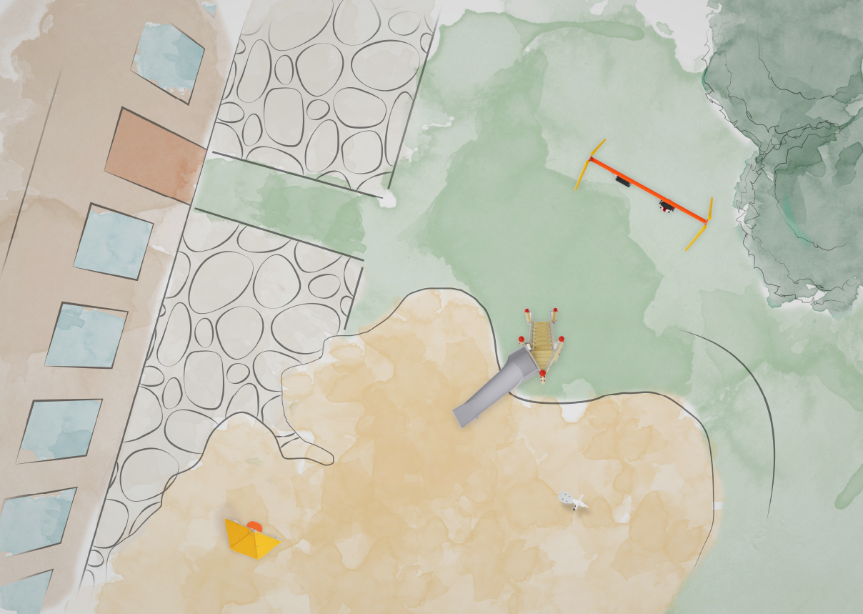 Broschuere-Kindergarten_Karte_Illustrativ Illustrative Karte von einem Kindergarten mit Spielgeräten platziert