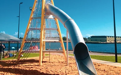 Harts Mill play structure project featuring a climbing pyramid and a slide