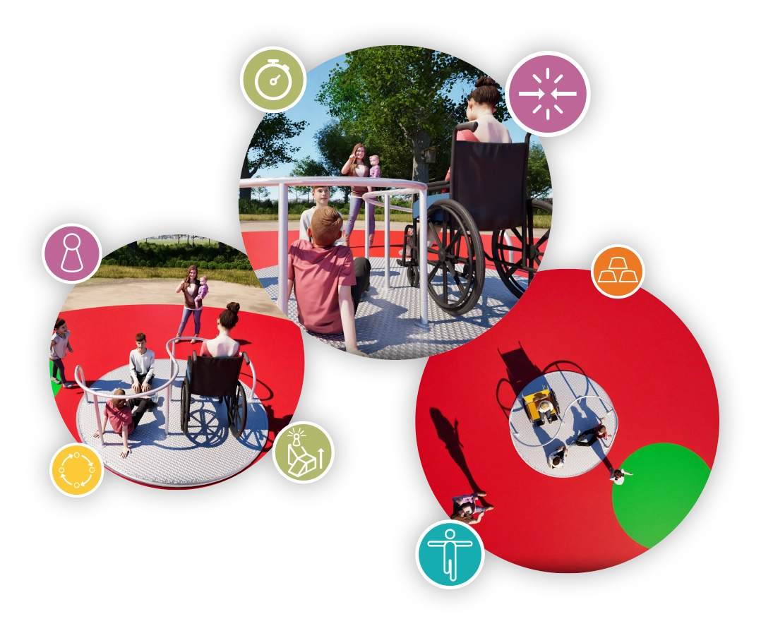 Inclusion at Kaiser & Kühne, showing accessible playground equipment from different angles with children