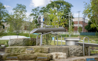 Stainless steel water play elements at the water playground in Gatton Park in Lexington